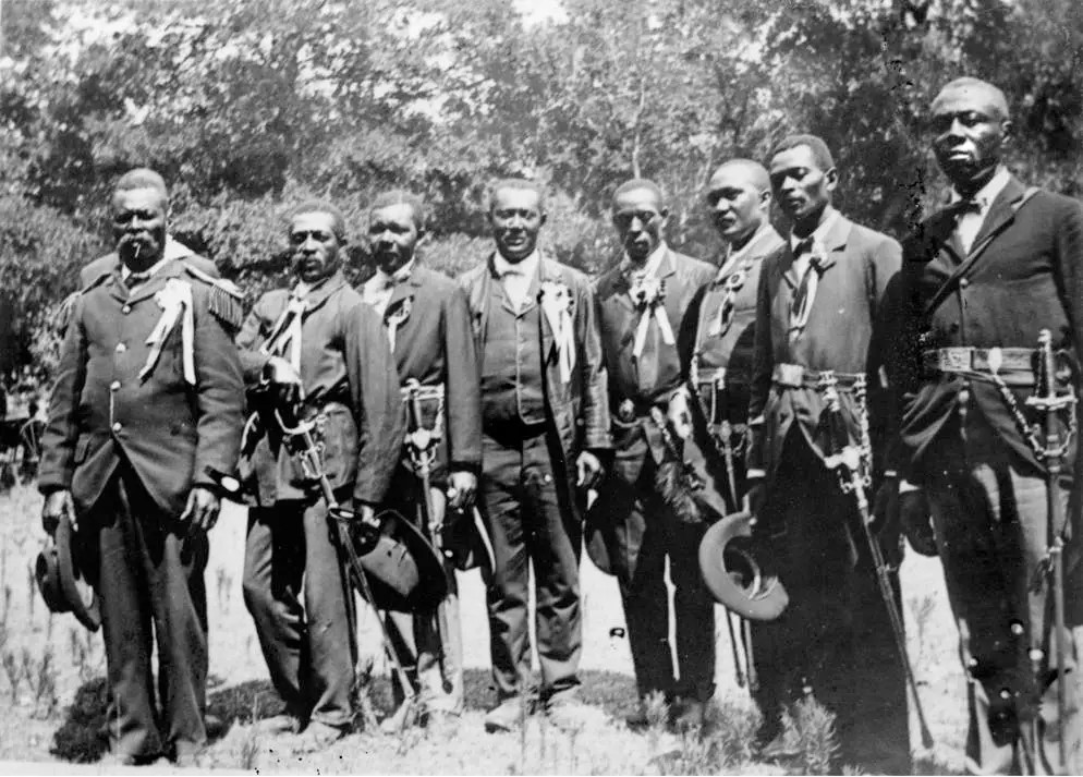 Civil War reenactors at a Juneteenth celebration at Eastwoods Park, Texas in 1900.